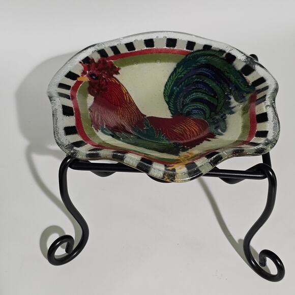Vintage Peggy Karr Rooster Fluted Glass Bowl Signed Checkered Edge Metal Stand - Picture 2 of 10